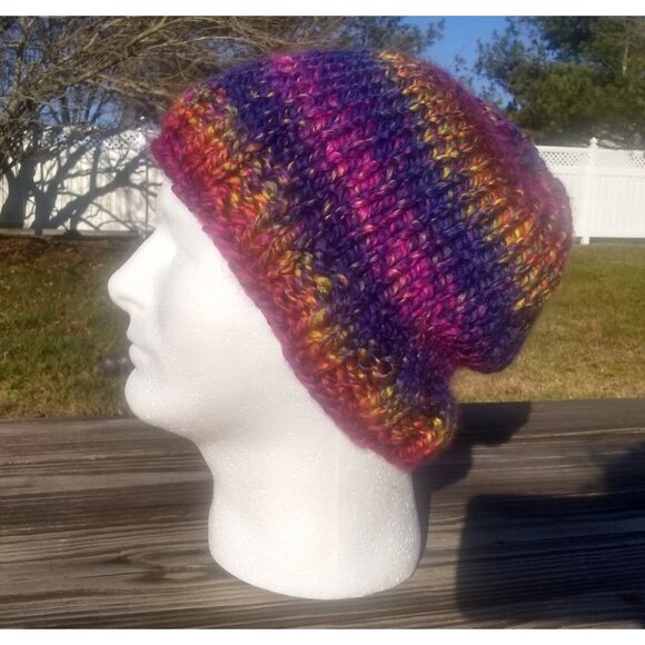 Women's Handmade Beanie Hat Cap Knit Slouch Twilight Plains Blue Fuchsia Chunky - Picture 2 of 9